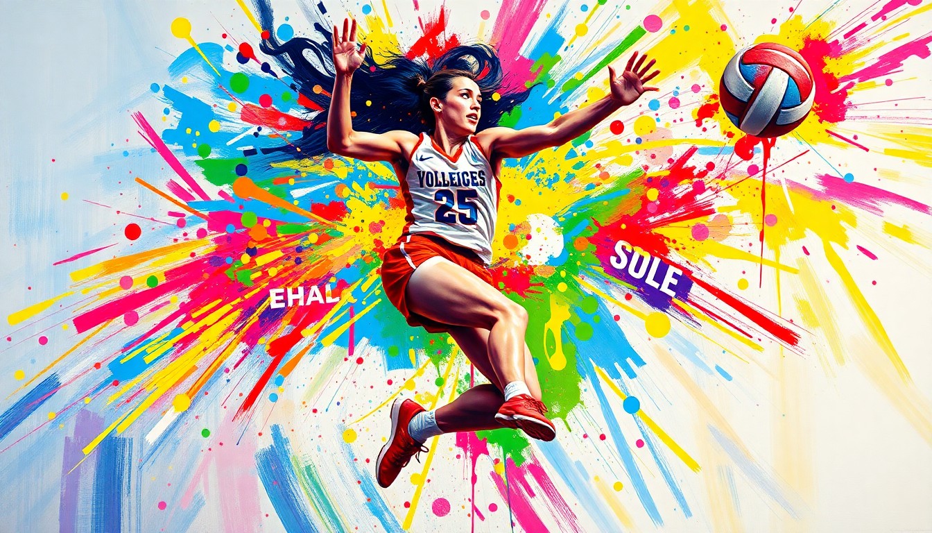 An extreme close-up of a college volleyball player mid-jump, captured in a vibrant, expressionist painting style with rapid brushstrokes and neon colors, conceptually representing the raw athletic energy of the sport.