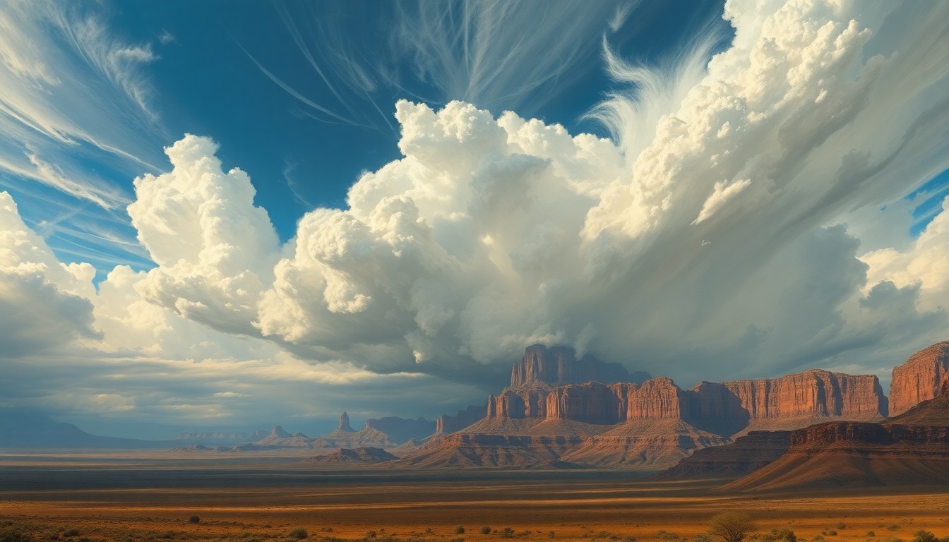 A sweeping, atmospheric landscape painting in muted earth tones, with dramatic clouds and wind gusts dominating the scene and dwarfing any physical structures or objects within the frame.