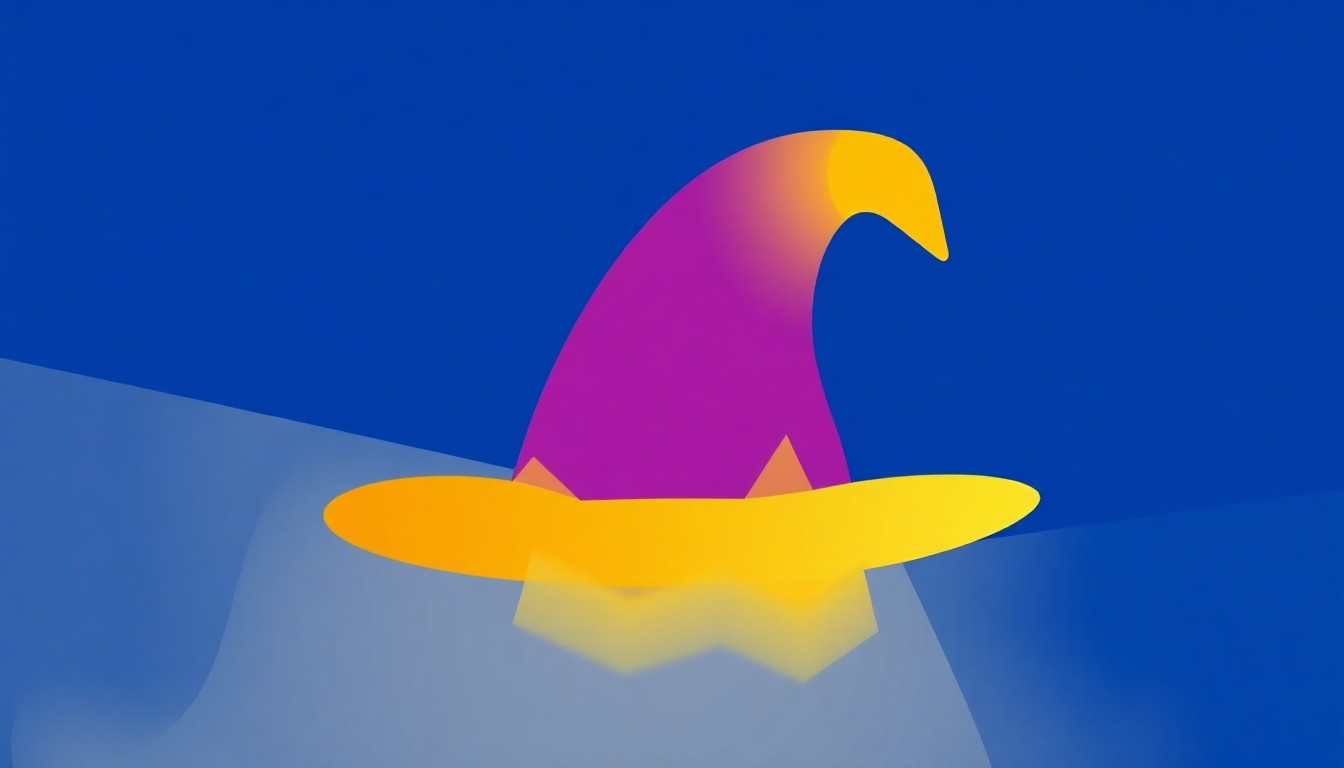 A striking abstract illustration featuring bold, geometric shapes in shades of blue, purple, and gold, conceptually representing the iconic Disney sorcerer hat silhouette.