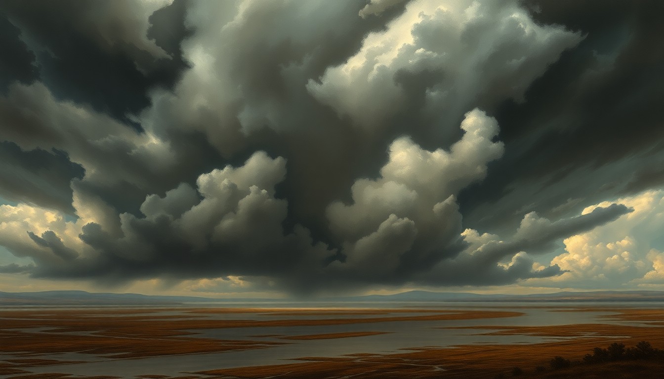 A vast, atmospheric landscape painting in muted tones of gray, blue, and green, depicting a stormy sky filled with dark, swirling clouds over a flooded, desolate plain, conveying the overwhelming power of the natural forces at work.
