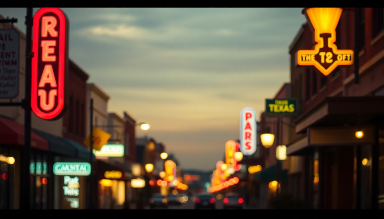 An extremely abstracted, out-of-focus photograph of a small-town main street, with soft pools of warm light and color representing the nostalgic mood and fading history of the community.