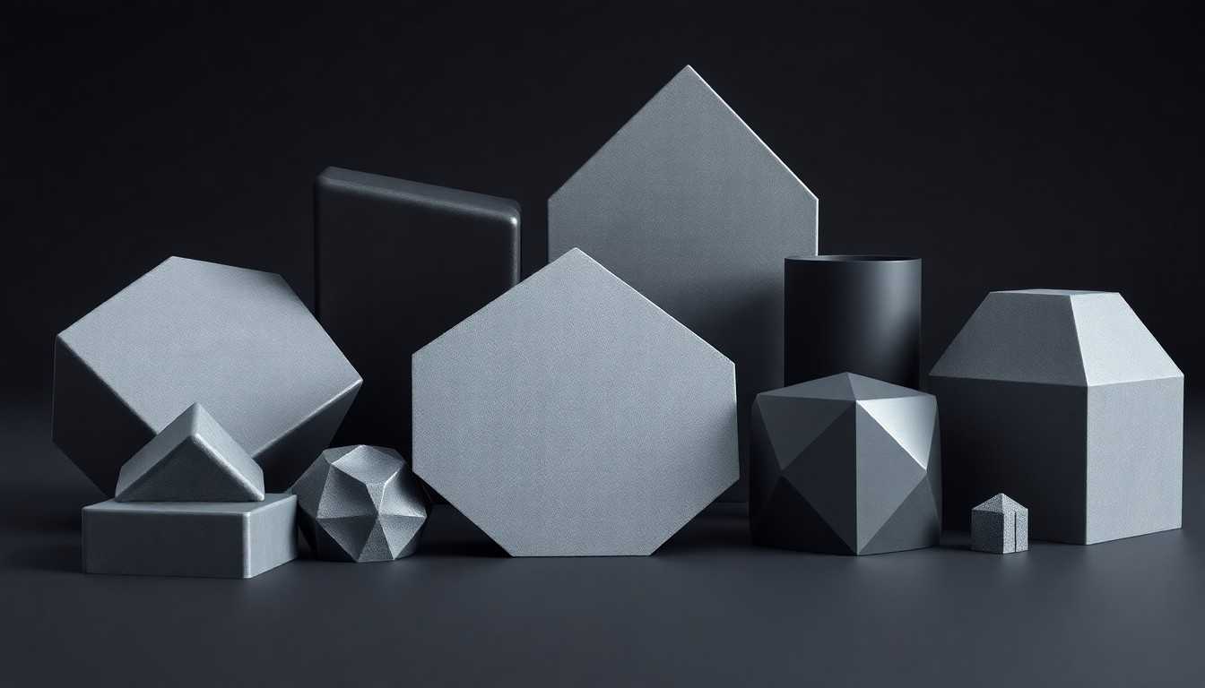 A minimalist studio still life featuring a collection of sleek, geometric objects in shades of grey and black, representing the merger of Nemetschek and HCSS and the integration of their construction software solutions.