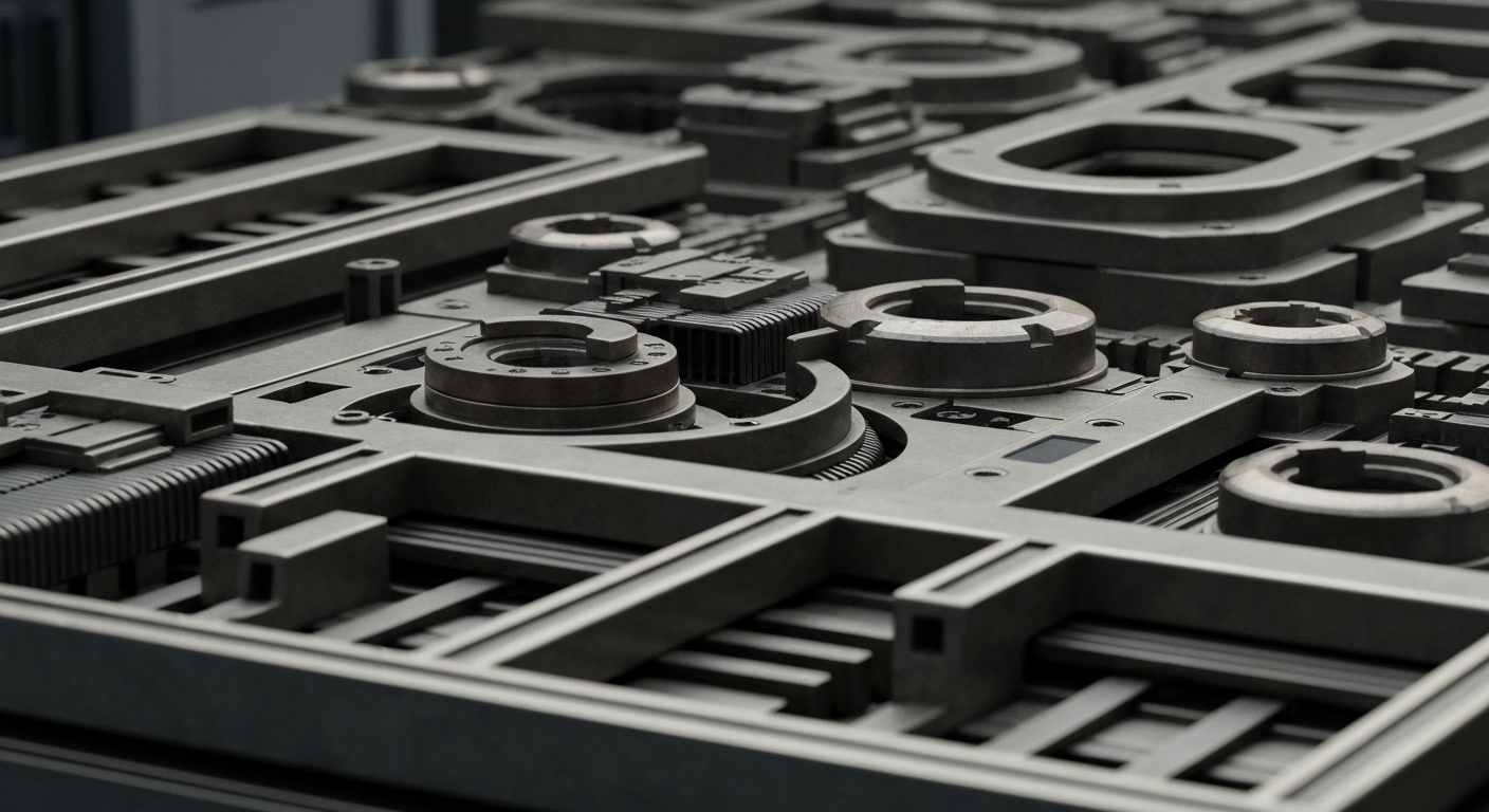 An extreme close-up of complex, interlocking financial machinery and equipment in muted industrial tones, conveying a sense of institutional power and financial security.