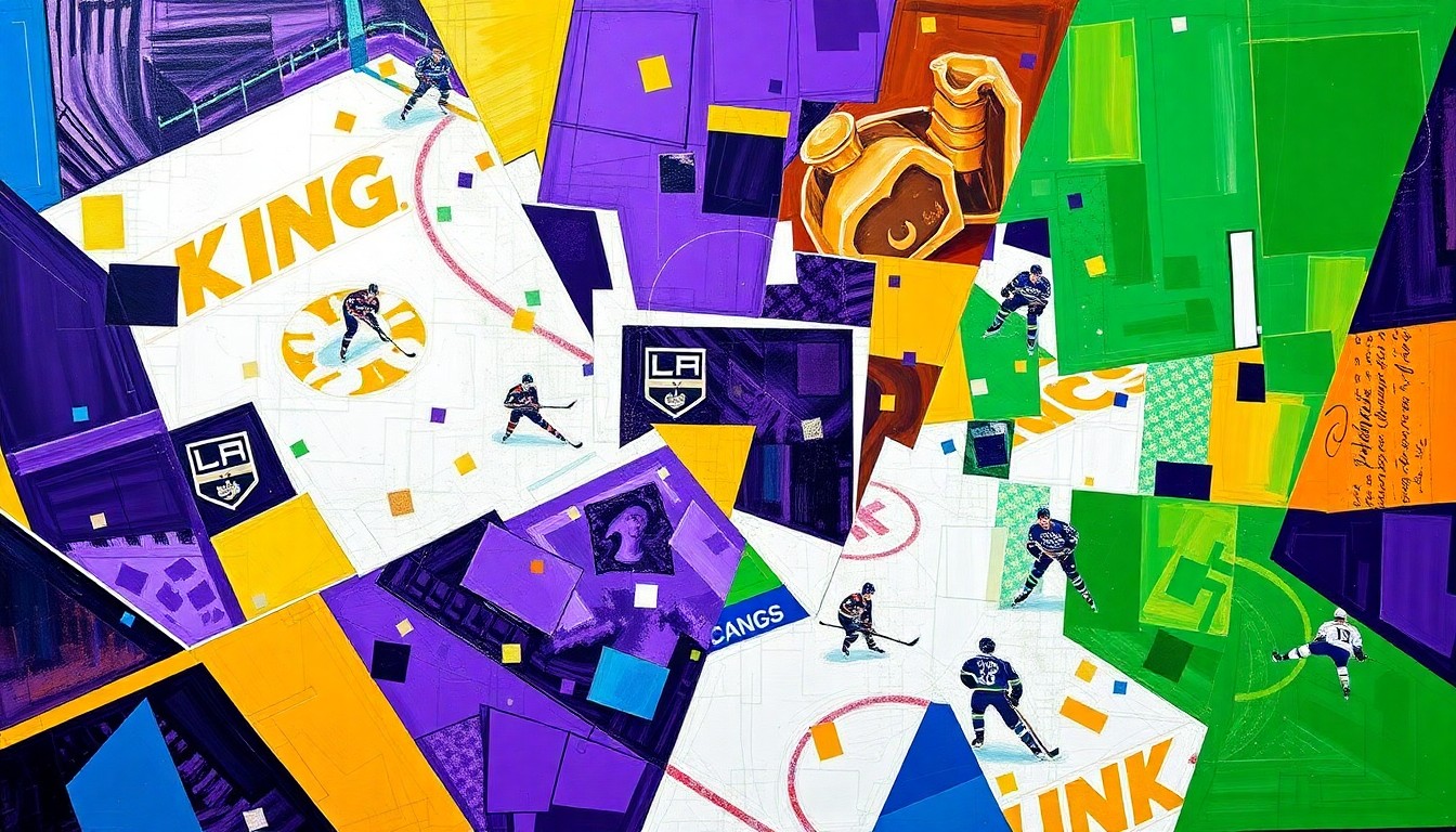 A fractured, multi-perspective painting in vibrant colors, breaking down a hockey game between the Los Angeles Kings and Vancouver Canucks into sharp, overlapping geometric planes, conceptually representing the action on the ice.