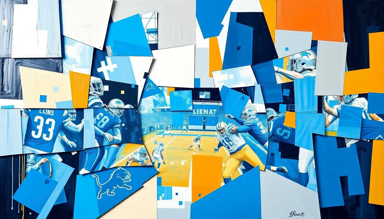 A fractured, multi-perspective painting in the style of Pablo Picasso, breaking down a football game or NFL draft scene into sharp, overlapping geometric planes in the vibrant colors of the Detroit Lions' team palette.