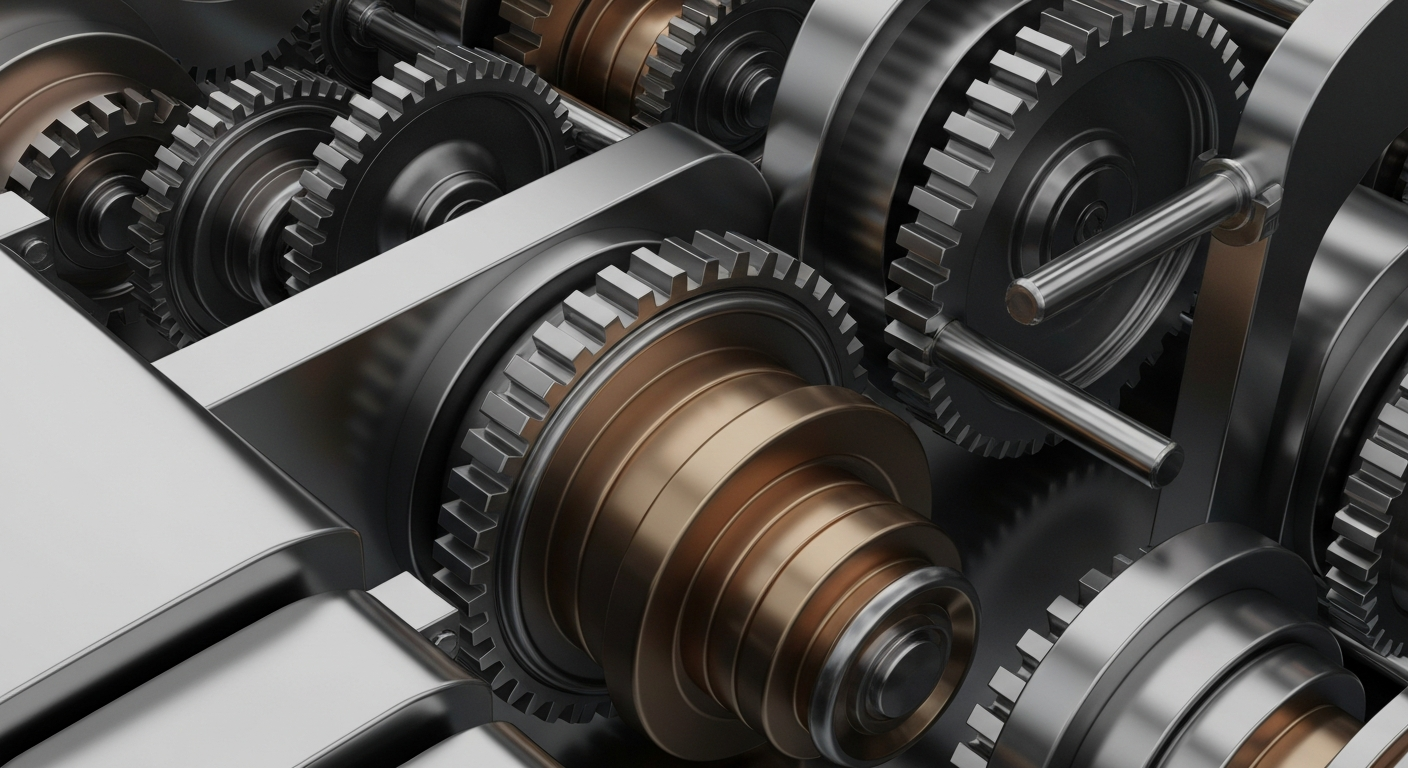 An extreme close-up of interlocking metal gears and machinery, representing the secure, tangible infrastructure of financial institutions.