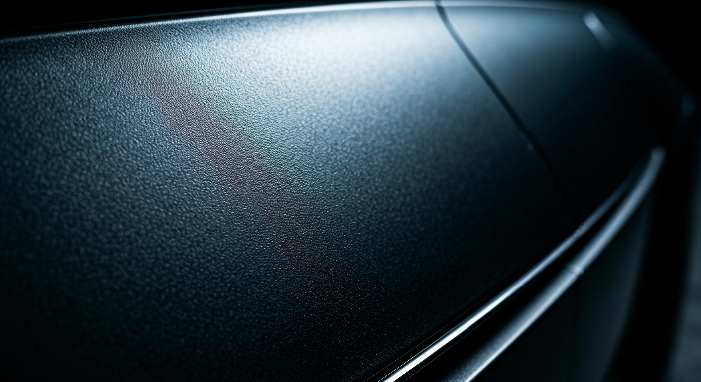 An extreme close-up of the pebbled, metallic surface of a Lucid Gravity SUV, captured in dramatic lighting that highlights the vehicle's sleek, modern design.