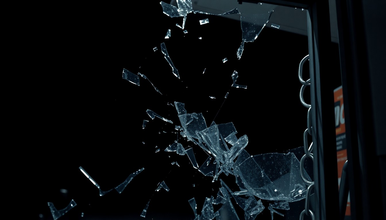 An extreme close-up photograph of broken glass and twisted metal from a damaged gas station entrance, capturing the gritty aftermath of a burglary in stark, dramatic lighting.