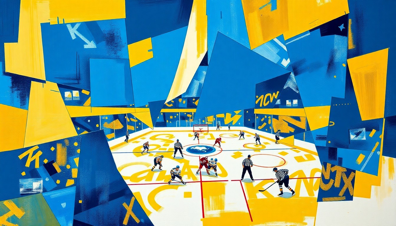 A cubist, geometric painting depicting a Sabres hockey game, with sharp, overlapping planes of blue, gold, and white representing the dynamic action on the ice.