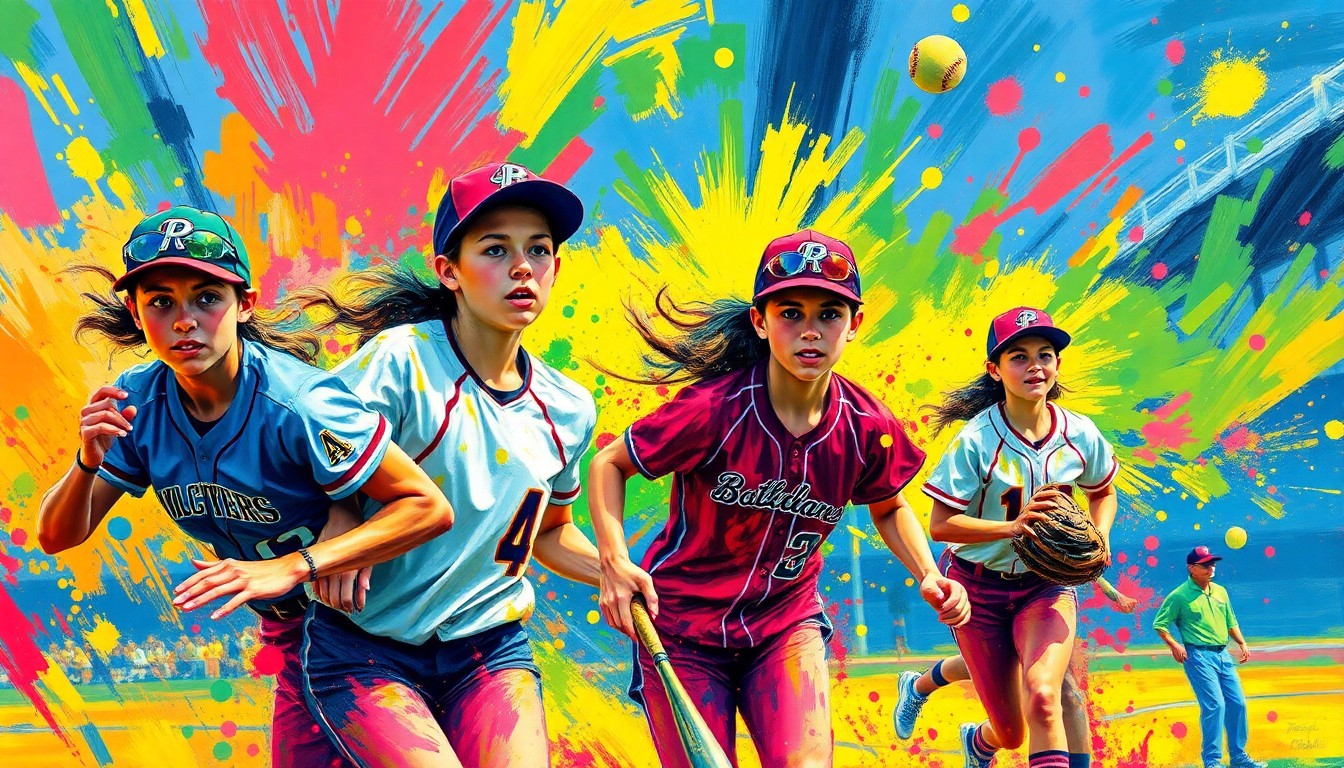 A dynamic, abstract painting in neon colors depicting the fast-paced action and raw athleticism of a high school softball game.