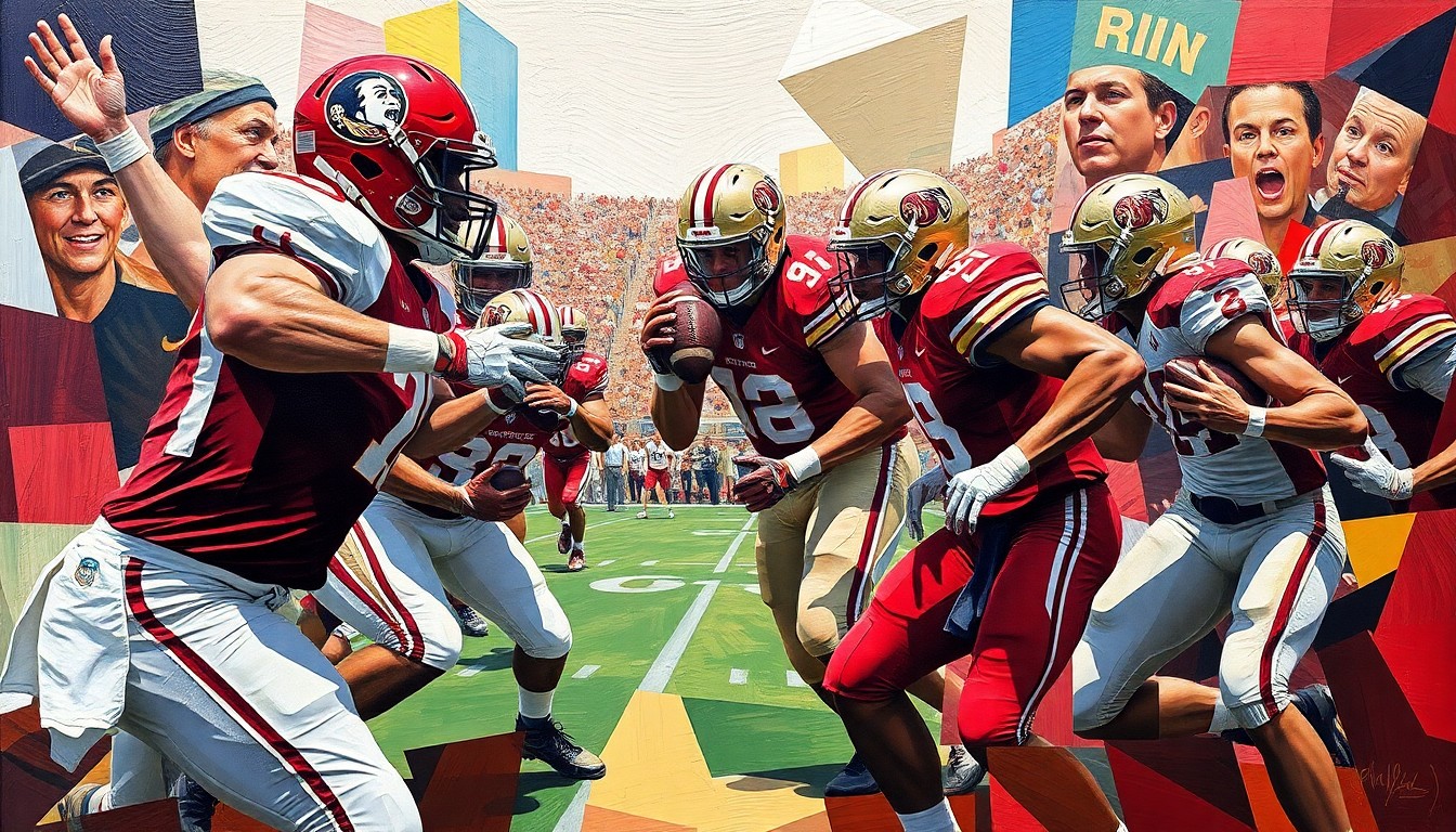 A cubist-style painting featuring fragmented, geometric shapes in the primary colors of the Florida State Seminoles, conceptually representing the dynamic action of a college football game.