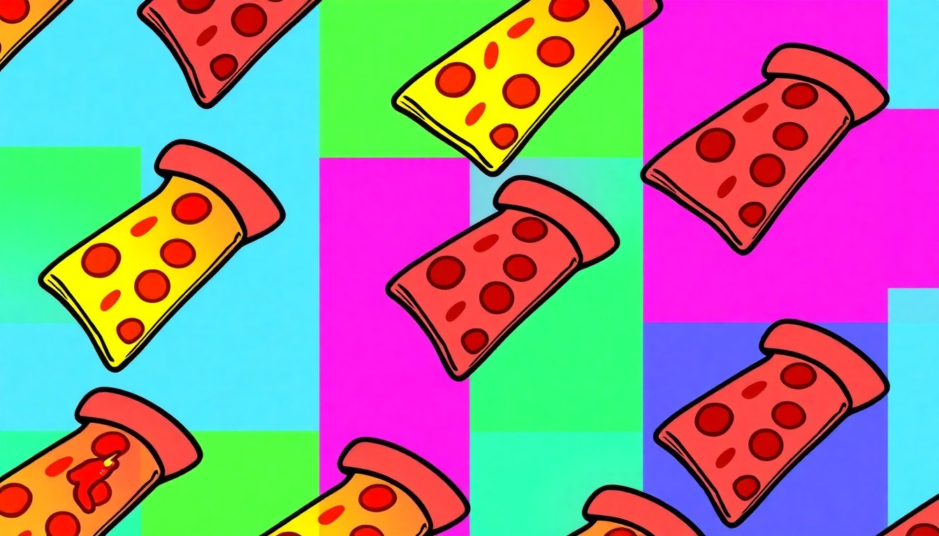 A visually striking, abstract silkscreen print featuring a repeated image of a single, recognizable pizza slice in a grid pattern, rendered in a bold, neon color palette that captures the classic yet contemporary spirit of New York pizza culture.