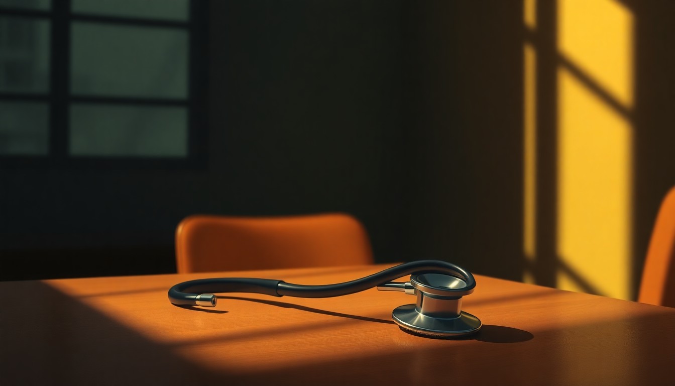 A photorealistic painting of a doctor's stethoscope resting on a desk, with warm sunlight and deep shadows creating a contemplative, cinematic mood.