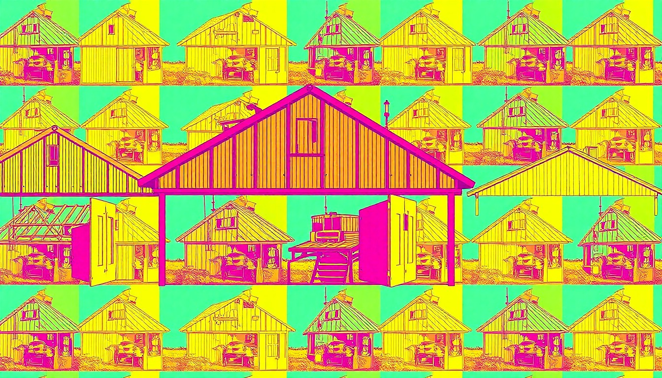 A high-contrast, silkscreen-style illustration featuring a repeated pattern of a rustic farmhouse, greenhouse, and farm stand in a grid of bold, neon colors, conceptually representing the diverse uses and potential of this multi-functional property.