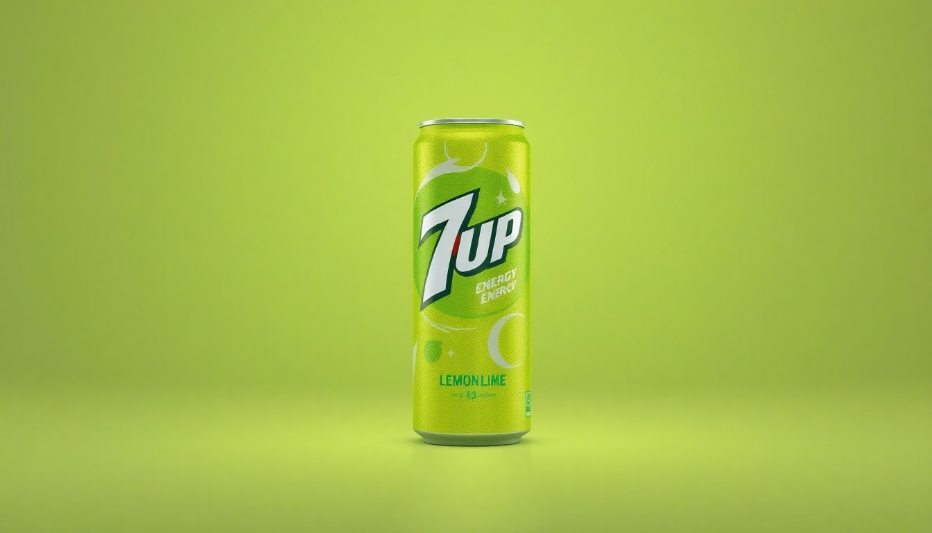A photorealistic studio still-life image of a metallic GHOST® Energy x 7UP® Lemon Lime can, using dramatic lighting and shadows to conceptually represent the fusion of classic and contemporary beverage brands.