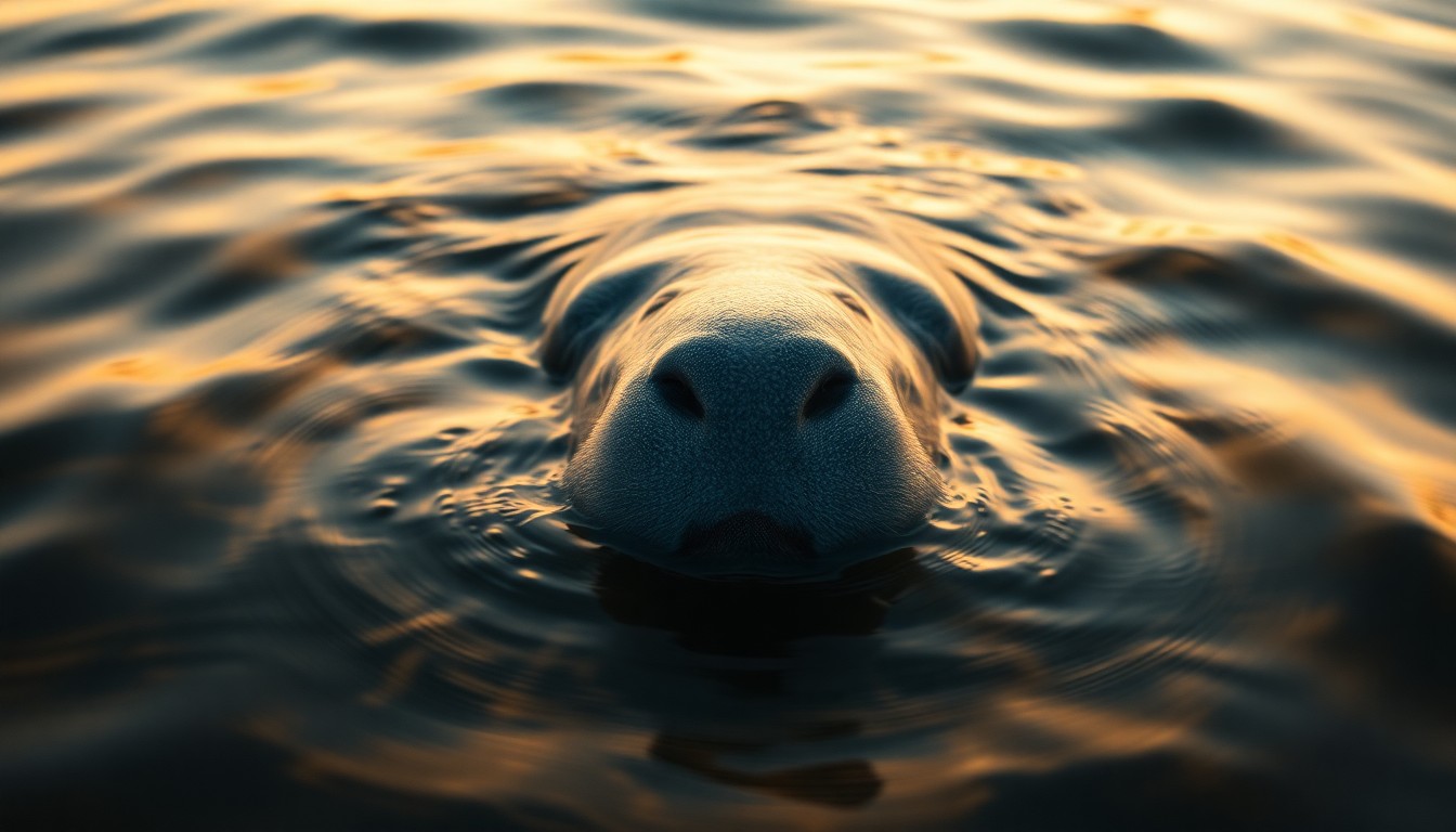 An impressionistic, blurred photograph showing the faint outline of a manatee's snout emerging from water, surrounded by a warm, hazy glow, conceptually representing the delicate balance between humans and wildlife.