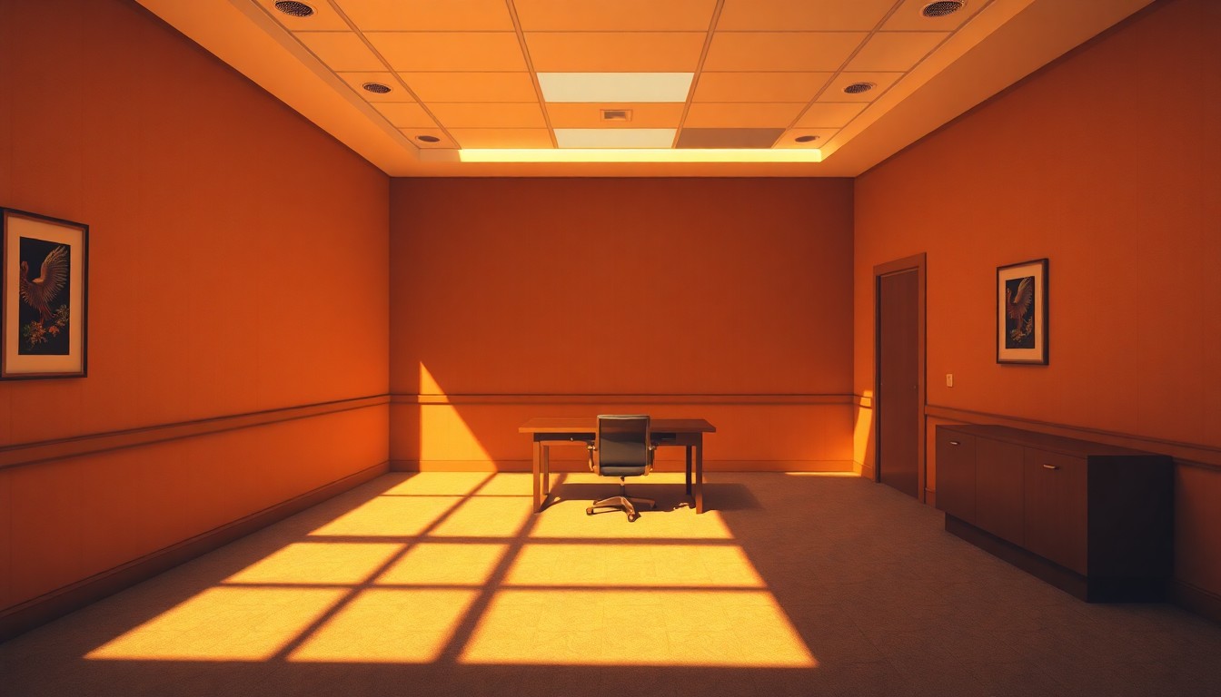 A dimly lit, cinematic painting of an empty political office space, with a lone desk and chair as the only focal point, bathed in warm, diagonal sunlight and deep shadows, conveying a sense of solitude and contemplation.