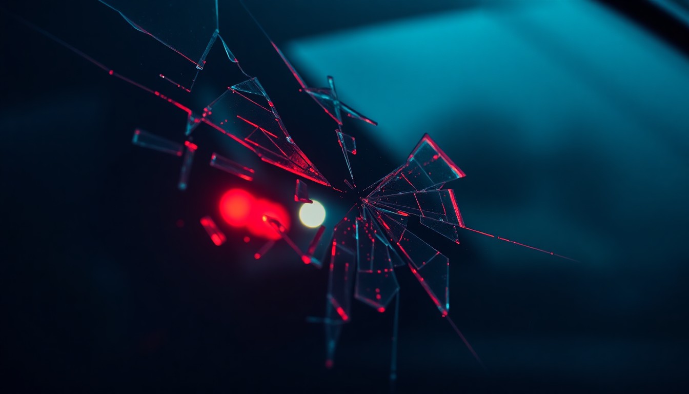 An extreme close-up photograph of shattered glass reflecting a faint red light, conceptually representing the aftermath of a violent incident near a high school.