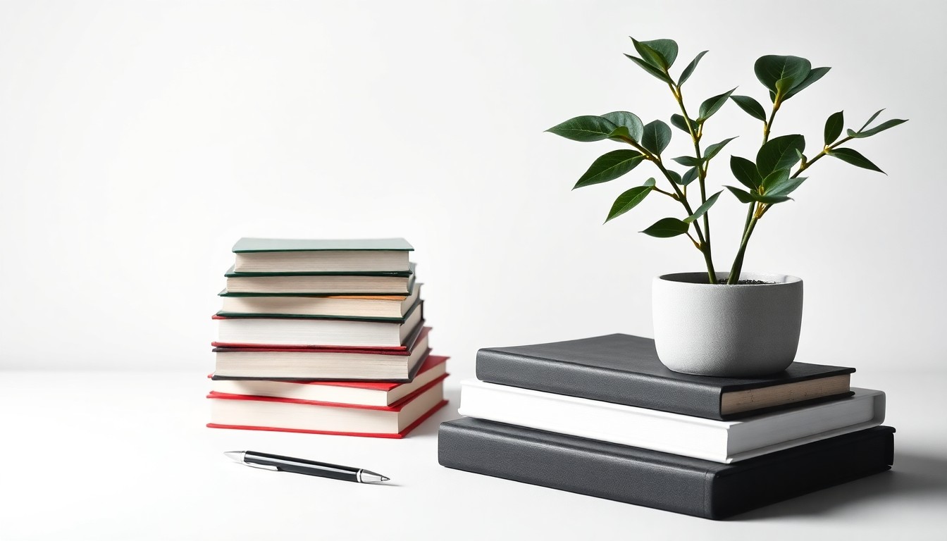 A photorealistic studio still life featuring a stack of books, a pen, and a potted plant arranged on a clean, white background, symbolizing the expertise and impact of Dr. Waajida L. Small's work in human resources, leadership, and wellness coaching.