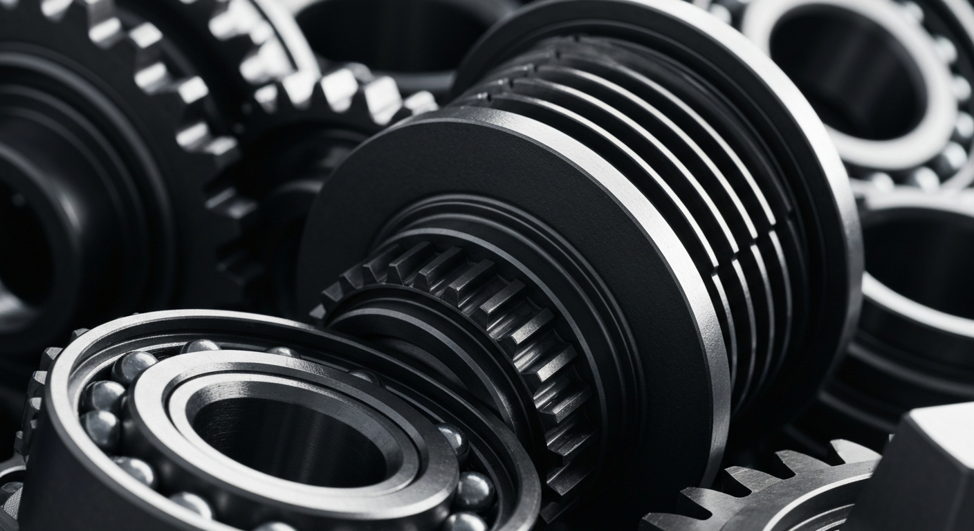 An extreme close-up photograph of heavy, complex industrial machinery components like gears, cogs, and bearings, conveying the tangible, physical nature of Fastenal's business.