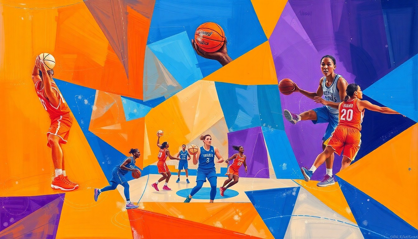 A cubist, geometric painting depicting the fragmented action of a women's basketball game, with sharp planes of orange, blue, and purple intersecting to create a dynamic, abstract visual representation of the Lady Vols' roster overhaul.
