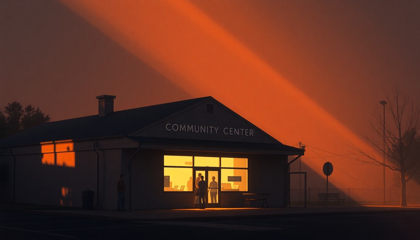 A warm, nostalgic painting depicting a community center building with a small group of people gathered outside, conveying a sense of civic engagement and community dialogue.