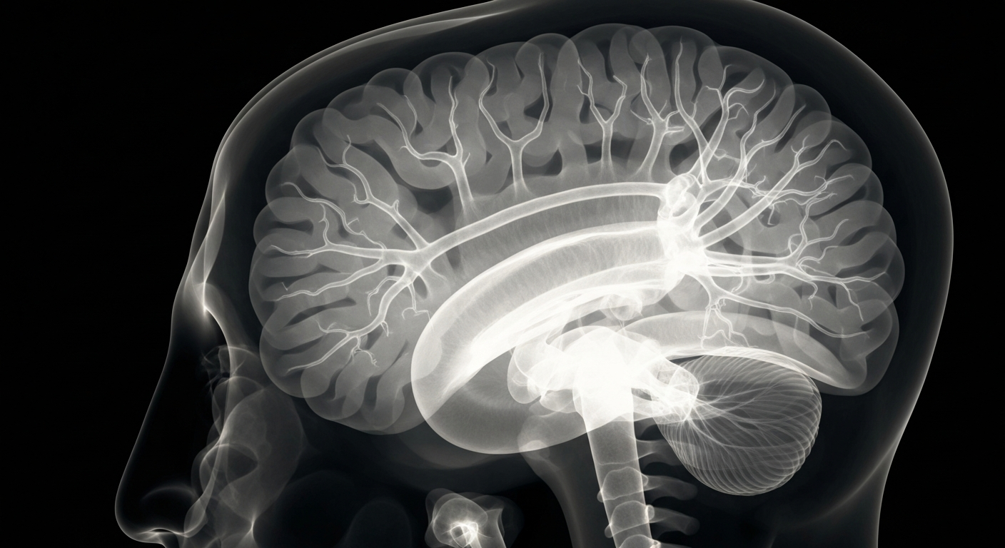 An extreme close-up of a translucent, ghostly X-ray image showing the intricate neural pathways of an aging brain, conceptually illustrating how community amenities can help preserve cognitive health.