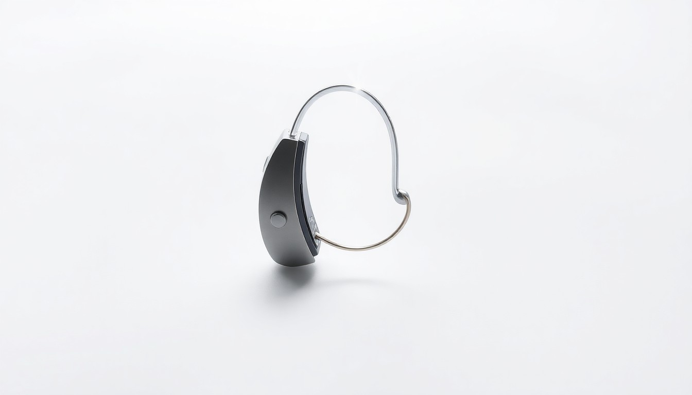 A photorealistic studio still life image of a sleek, modern cochlear implant device made of polished metal and glass, floating elegantly on a clean, white background with dramatic studio lighting and deep shadows, conveying a sense of precision and innovation in medical technology.
