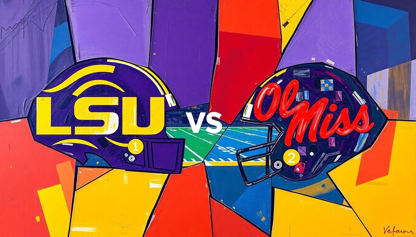 A fragmented, cubist-style painting depicting a college football game, with sharp geometric shapes in purple, gold, red, and blue overlapping to create a dynamic, multi-angled visual representation of the action on the field.