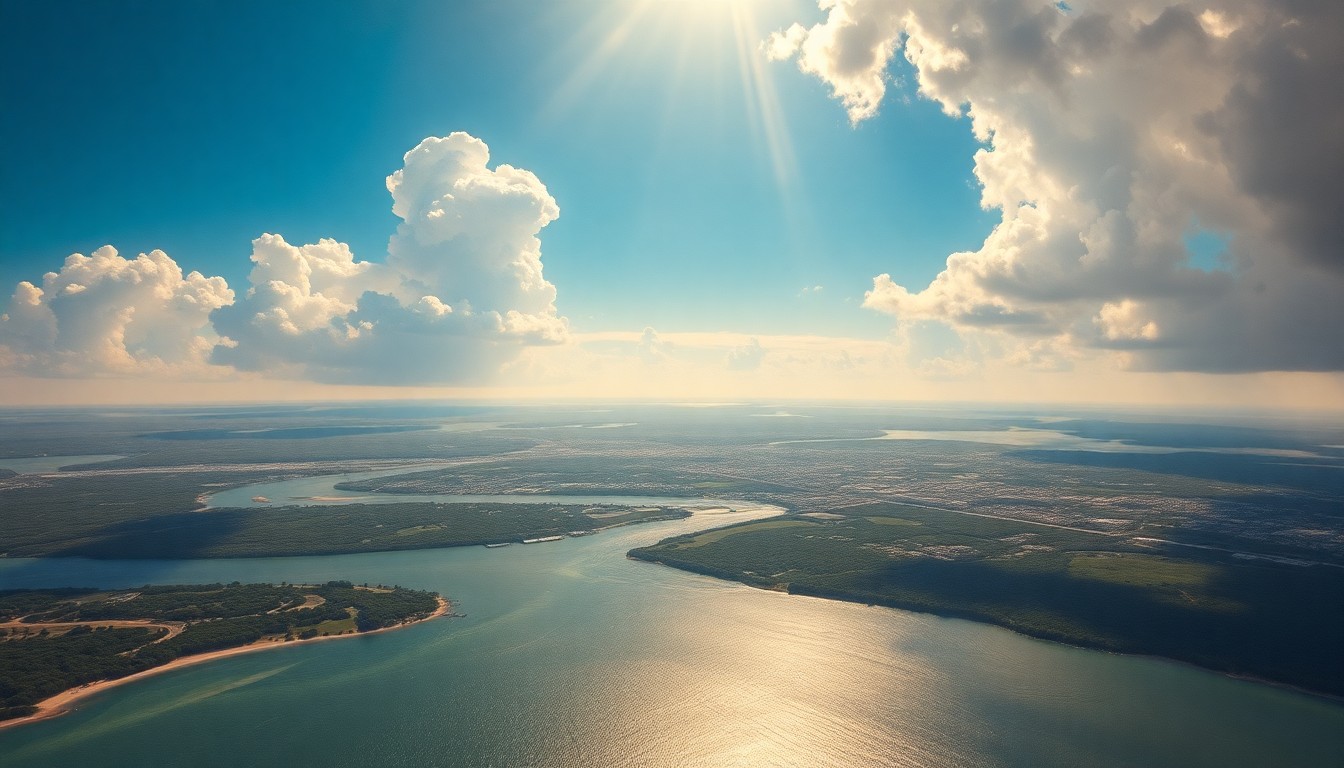 A sweeping, atmospheric landscape painting in muted tones of blue, green, and gold, depicting the city of Tampa and its surrounding waterways as tiny elements dwarfed by the vast, serene sky above.