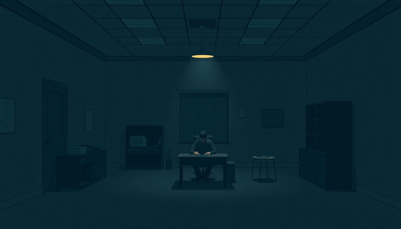 A cinematic painting of a dimly lit government office at night, with a lone figure sitting at a desk, their face obscured in shadow, conveying a sense of solitude and unease.