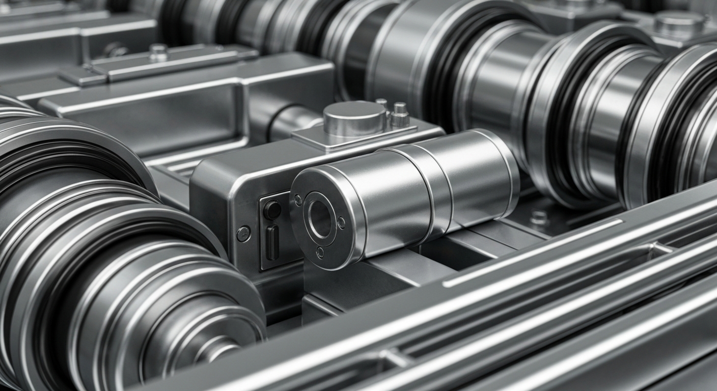 An extreme close-up of gleaming, heavy-duty banking equipment and machinery, conveying a sense of institutional financial power and security without using literal currency or charts.