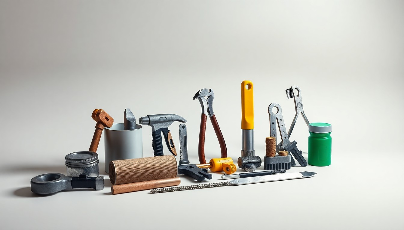 A high-end, photorealistic studio still-life photograph featuring a collection of premium hardware tools and home improvement supplies arranged elegantly on a clean, monochromatic seamless background, conceptually representing the abstract corporate strategy and market performance of the home improvement industry.