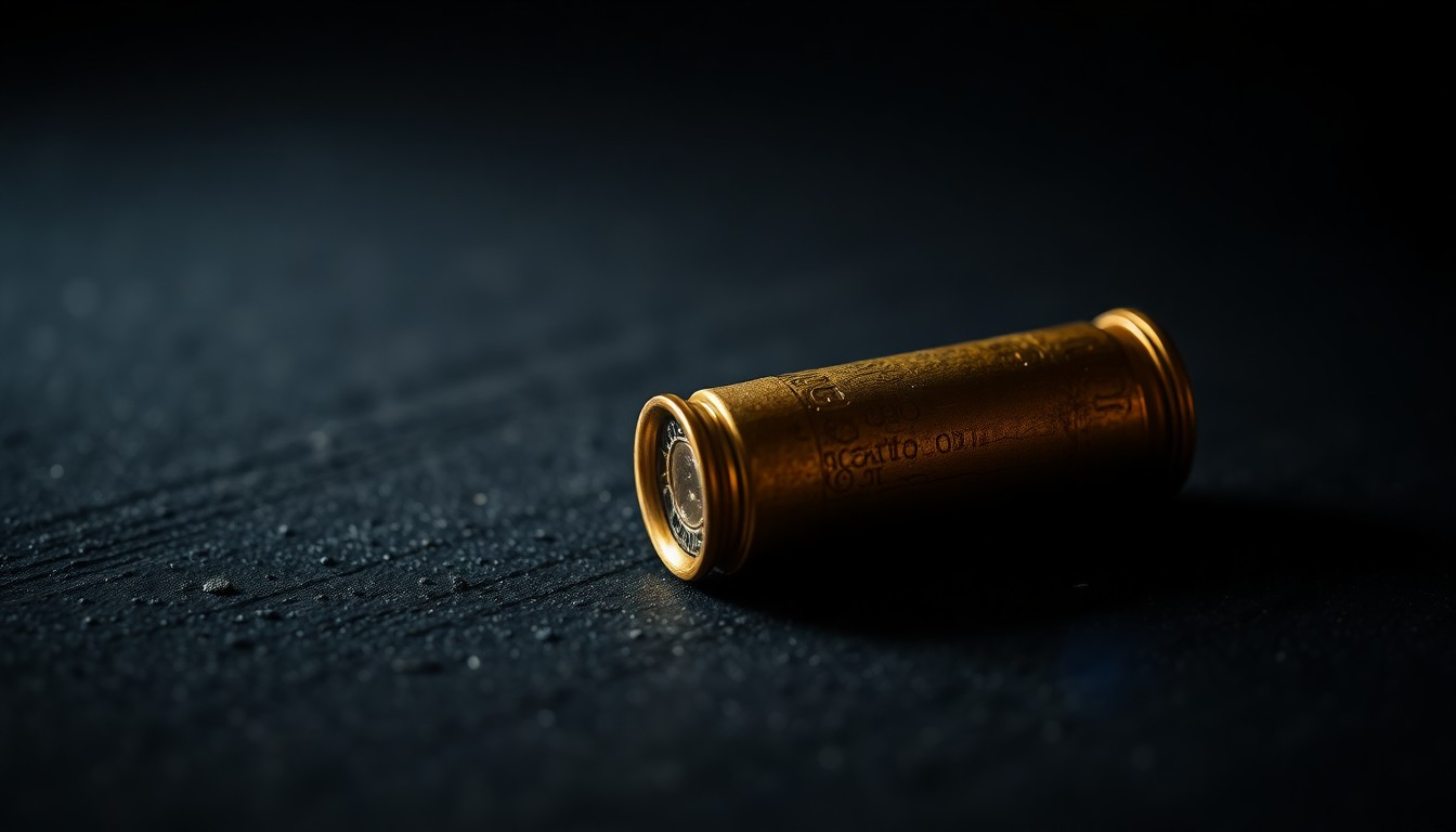 An extreme close-up photograph of a spent shell casing on a dark, textured surface, lit by a harsh camera flash, conceptually illustrating the aftermath of a shooting incident.