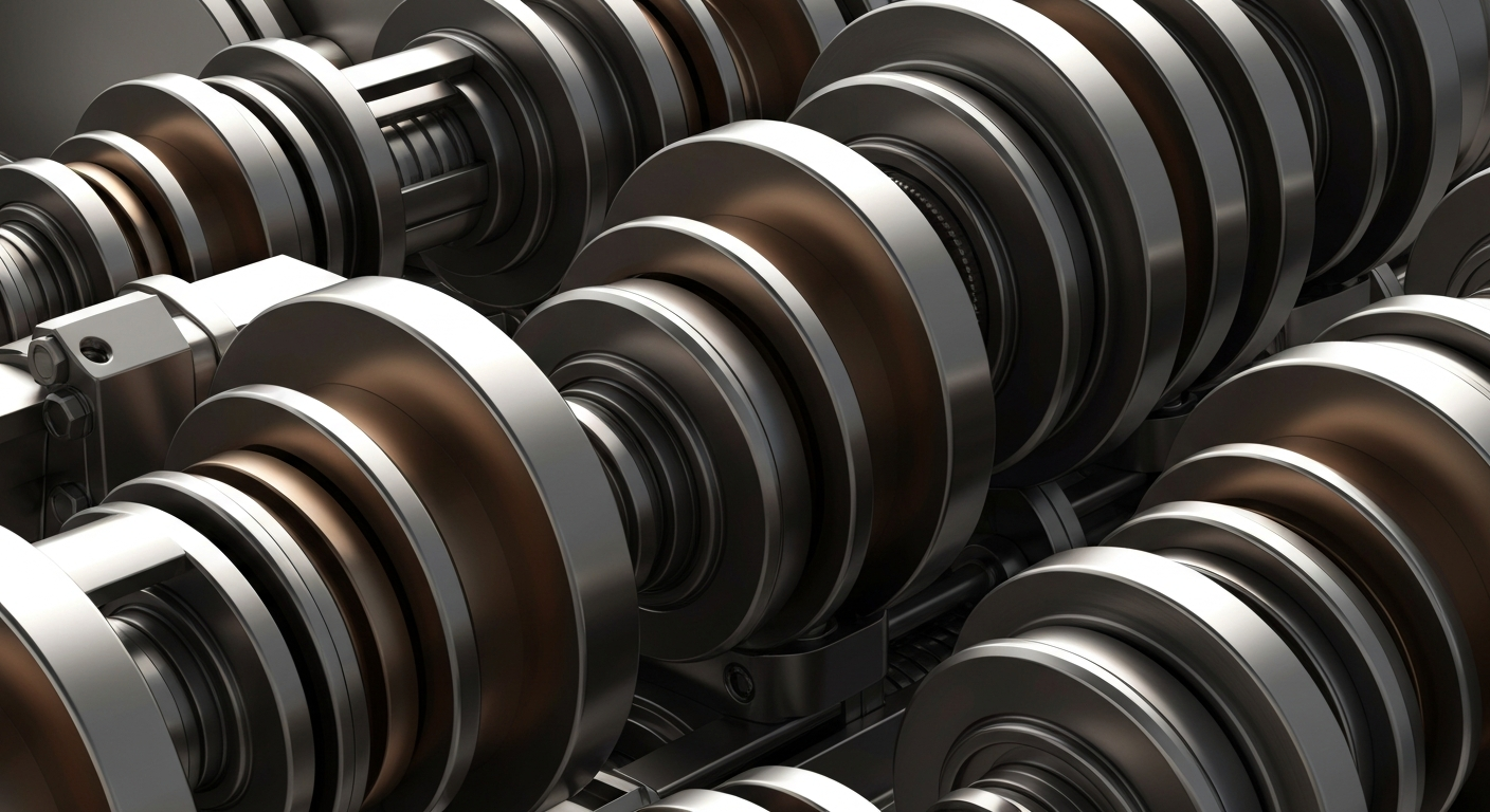 An extreme close-up of intricate, interconnected banking machinery and components in muted metallic tones, conceptually representing the complex financial infrastructure behind institutional investment decisions.