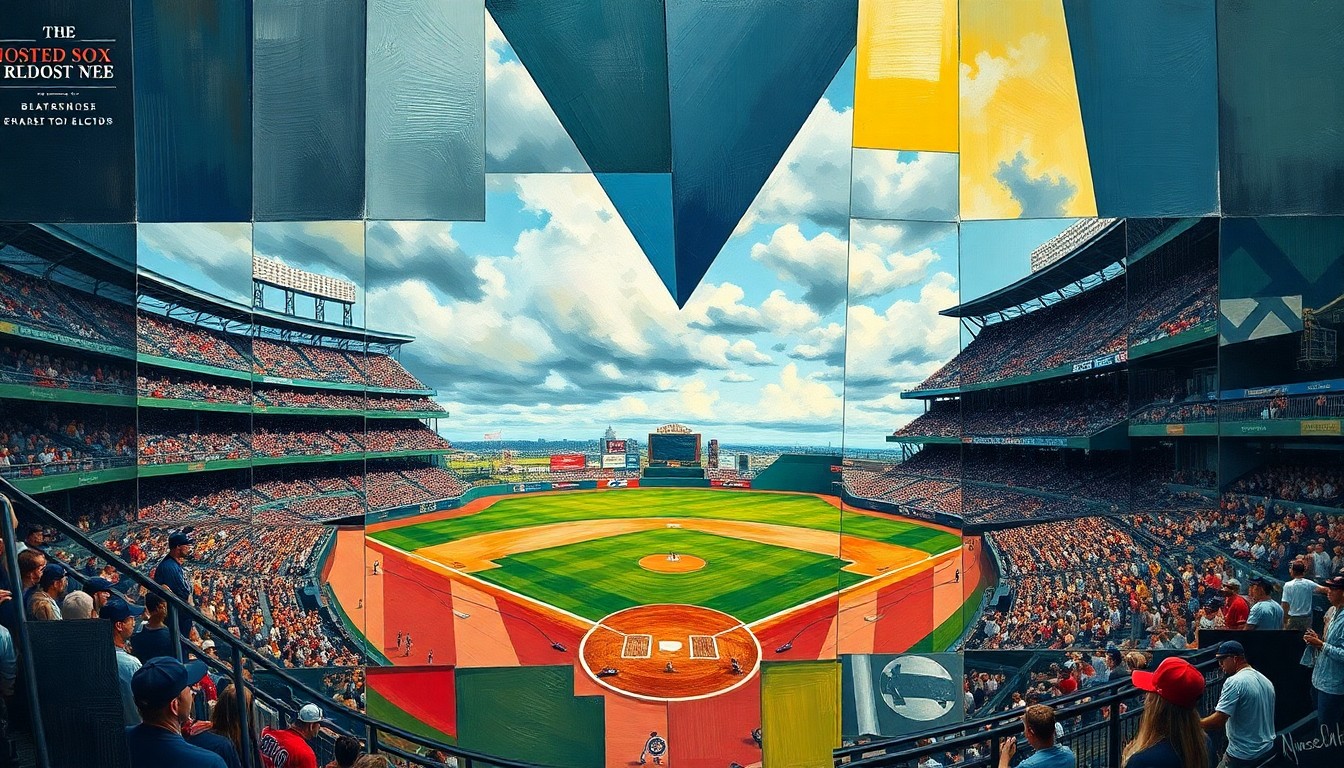 A fragmented, geometric painting depicting the action and energy of a baseball game, with players and the field broken down into overlapping planes of color and shape.