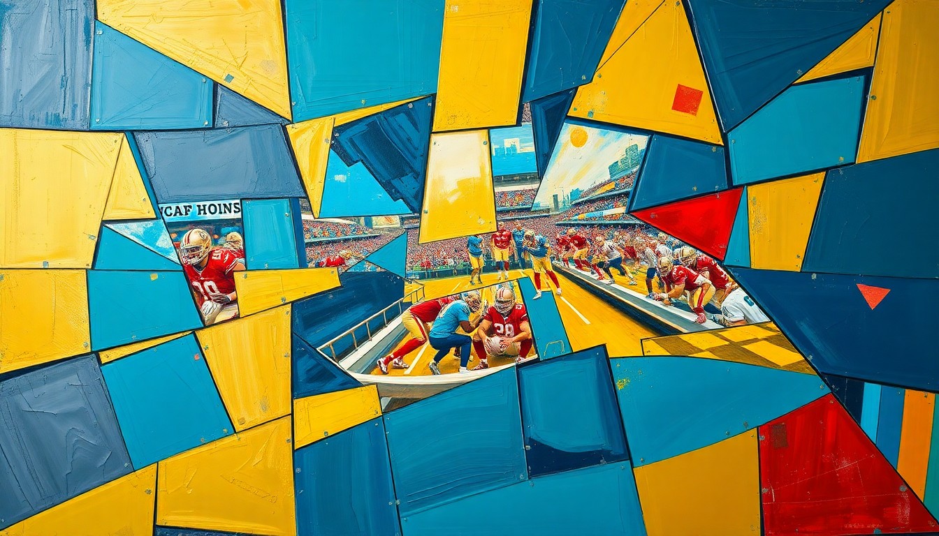 A fragmented, cubist-style painting depicting a football player in motion, their form broken down into sharp, overlapping geometric shapes in a palette of teal, gold, and navy blue, conceptually representing the Jaguars' unconventional draft selection.