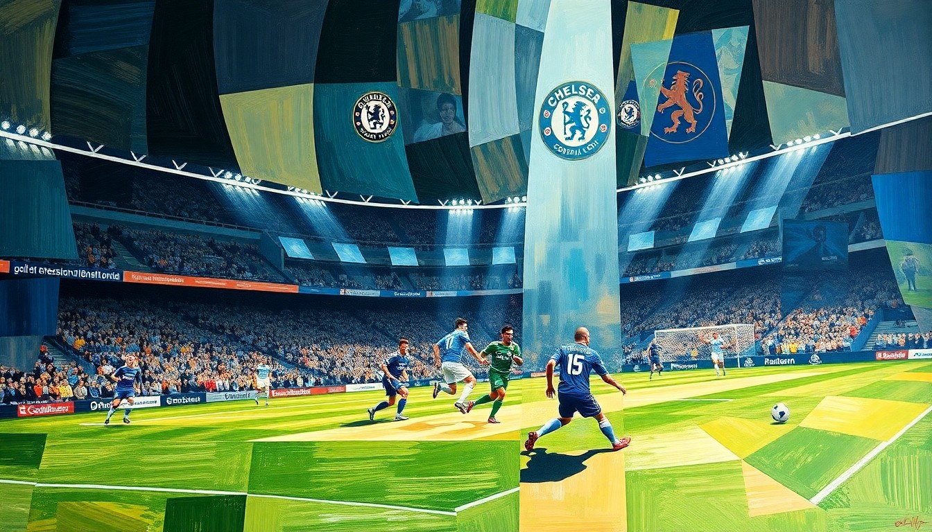 A cubist, geometric painting depicting a fractured soccer match, with overlapping planes of color and shape representing the chaotic nature of Chelsea's offensive play.