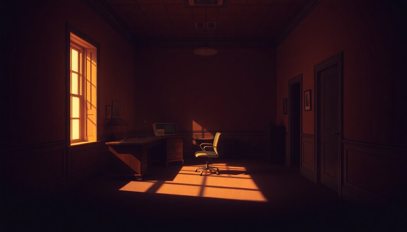 A dimly lit, cinematic government office interior with a single desk and chair, the scene bathed in warm, diagonal sunlight and deep shadows, conceptually representing the political implications of census data.