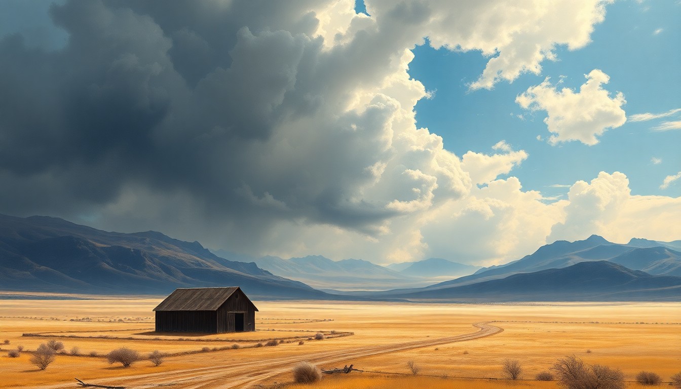 A vast, atmospheric landscape painting depicting a small farmhouse or barn structure dwarfed by an expansive, arid environment, conveying the overwhelming scale and power of the natural world.