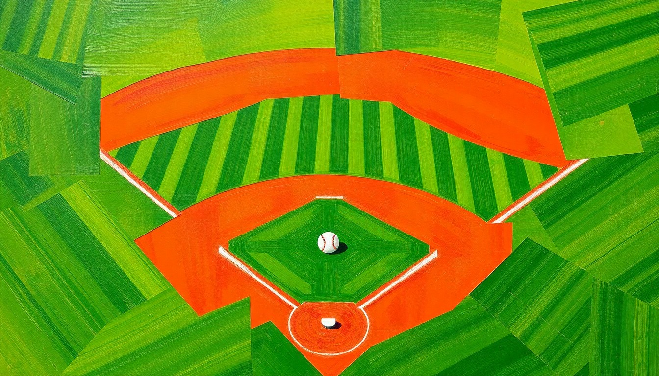 A fragmented, geometric painting depicting a baseball game, with overlapping planes of green, red, and white representing the field, players, and baseballs in motion.