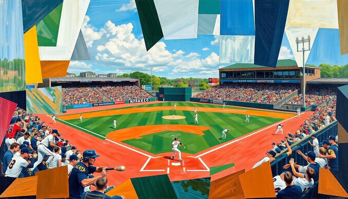 A cubist, geometric painting depicting the dynamic action of a college baseball game, with players and the field deconstructed into abstract shapes and planes of vibrant color.