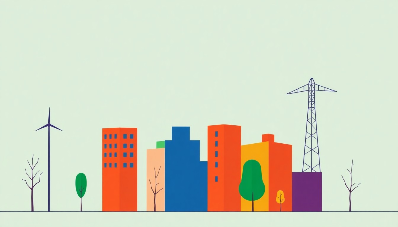 A geometric abstract illustration using bold shapes and primary colors to conceptually represent the financial pressures facing small businesses due to green energy initiatives in New York City.