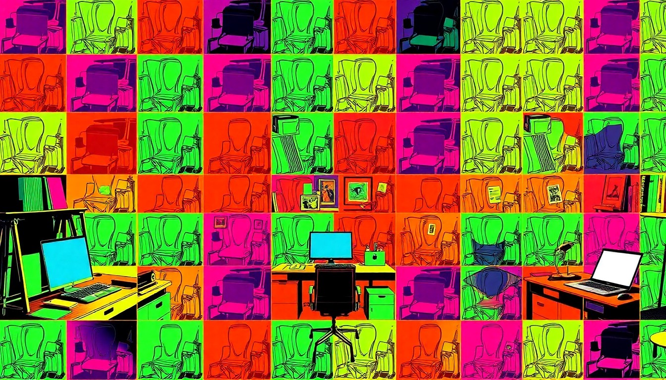 A highly stylized, abstract grid of brightly colored, silkscreen-like images depicting the interior of an artist's loft, conceptually representing the influential role of these creative workspaces.