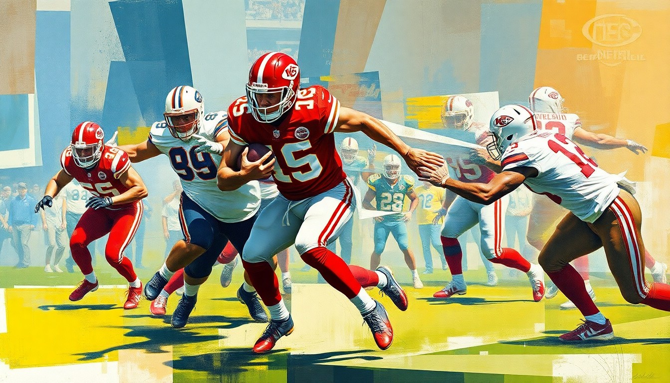 A cubist, geometric illustration depicting a Kansas City Chiefs defensive end disrupting the offensive line and pressuring the quarterback, with the action broken down into sharp, overlapping planes of color and form.