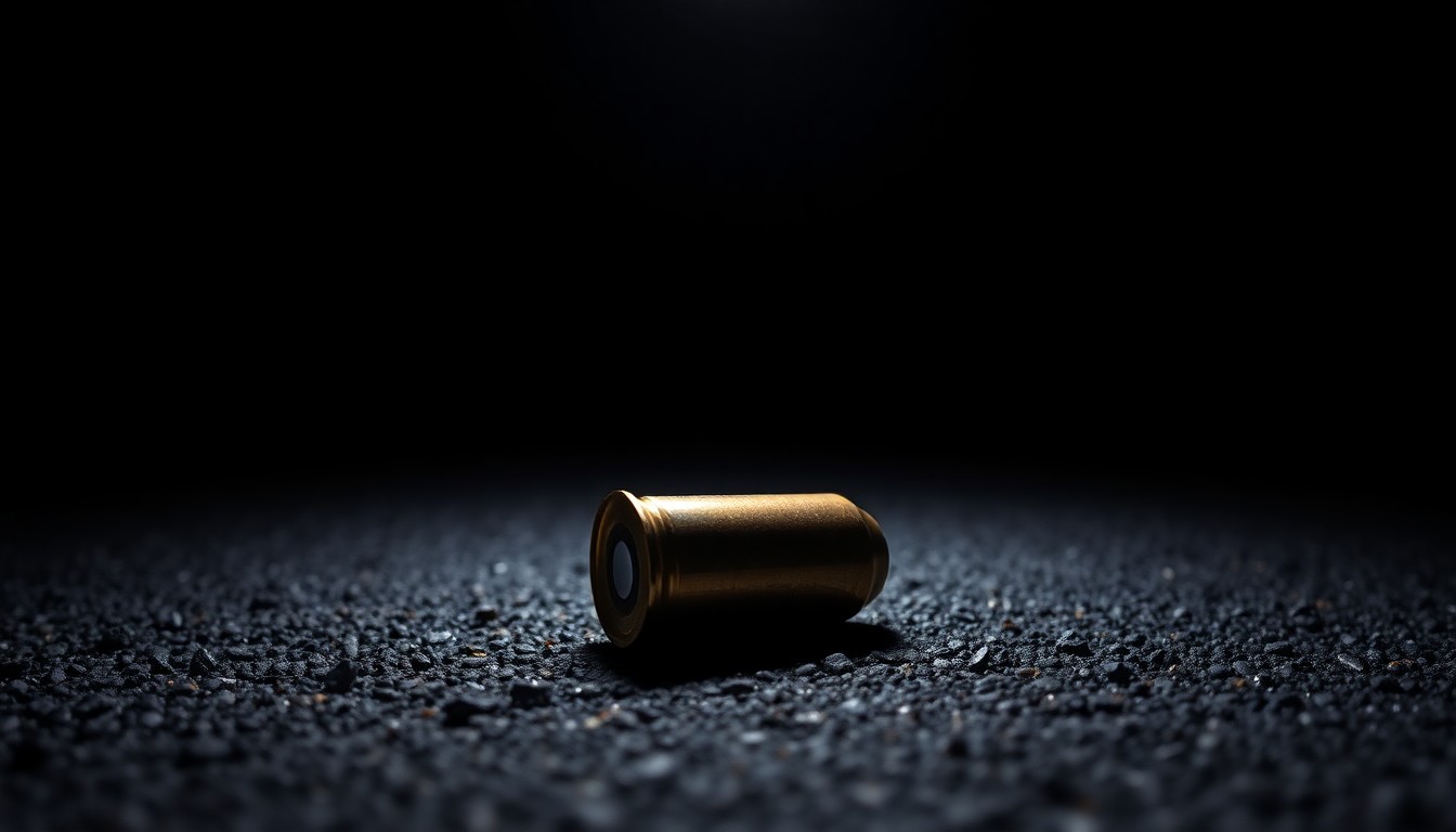 An extreme close-up photograph of a spent 9mm shell casing on asphalt, lit by a harsh, direct camera flash against a pitch-black background, conceptually illustrating the investigative process following a shooting incident.