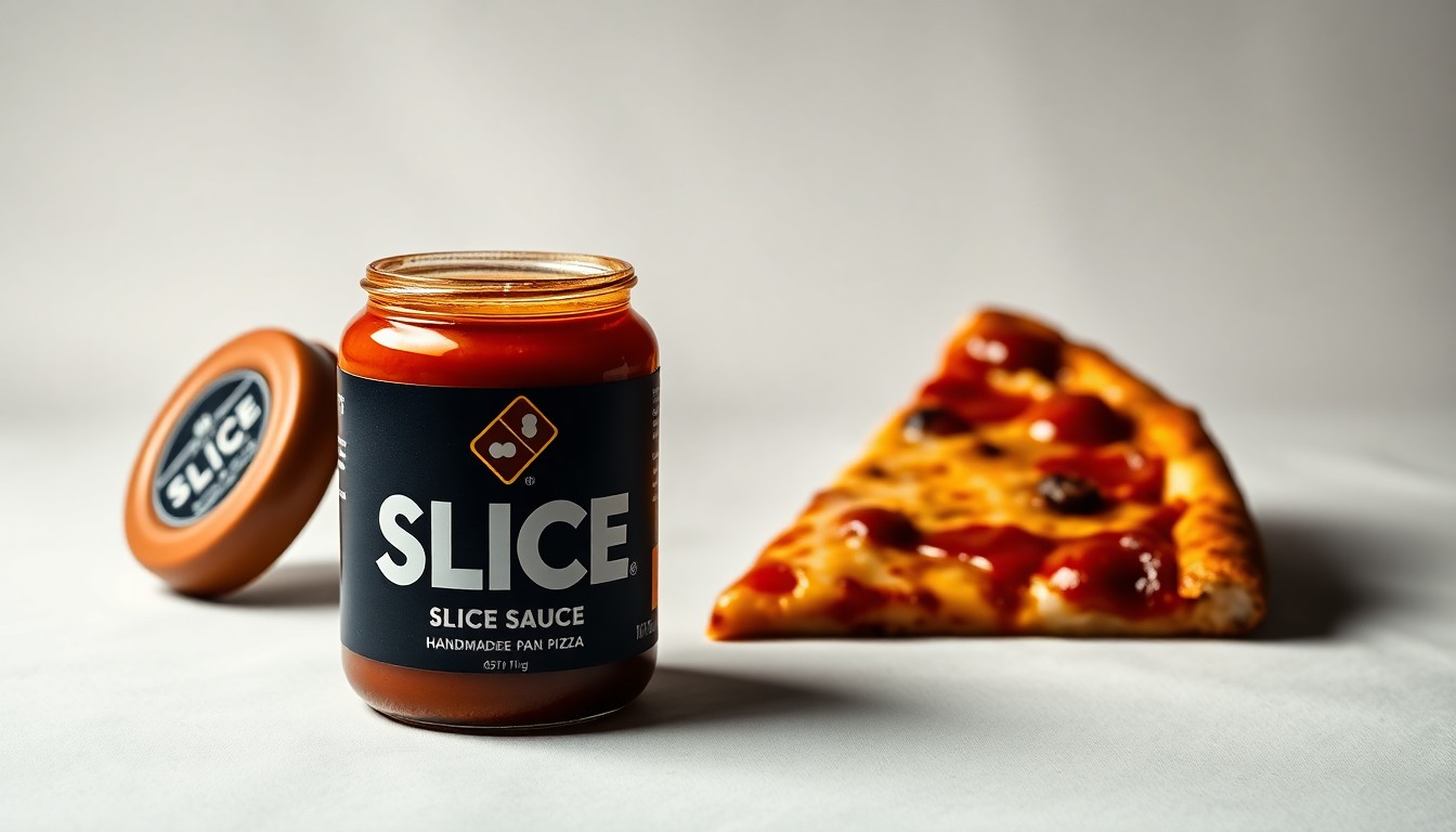 A photorealistic studio still life featuring a black and gold Domino's Slice Sauce jar and a Handmade Pan Pizza slice arranged elegantly on a clean, white background, conceptually representing the premium, design-forward nature of Domino's new pizza dipping sauce and its partnership with Shinola.