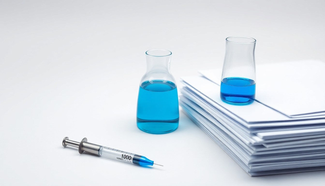 A photorealistic studio still life featuring a glass beaker filled with a vibrant blue liquid, a stainless steel syringe, and a stack of medical files, symbolizing the intersection of pharmaceutical innovation and cancer research.