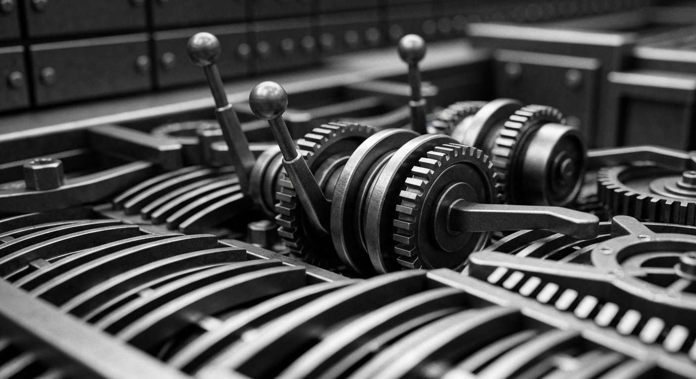 A high-contrast, cinematic close-up of the heavy, industrial mechanisms and components that make up a financial trading terminal or banking vault, conveying the tangible, physical nature of market forces impacting companies like Floor & Decor.