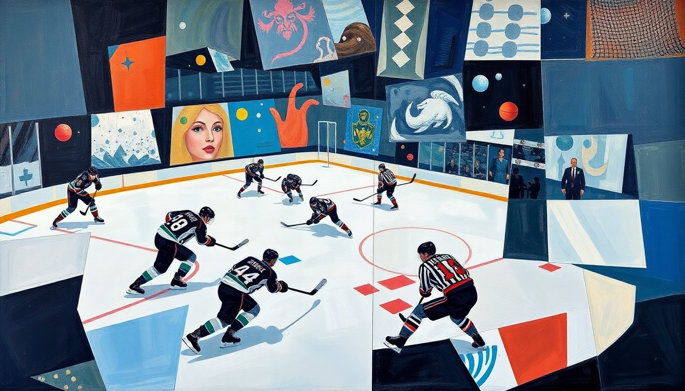 A cubist, geometric painting depicting the dynamic action of a hockey game between the Winnipeg Jets and Utah Mammoth, with the players' movements and the energy of the game captured through an abstract, fractured composition.